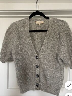 Sezane Perrine Cable Knit V-Neck Short Sleeve Sweater Cardigan